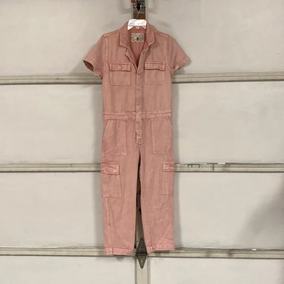Spool 72 distressed pink denim jean jumpsuit overalls size small Petite - Picture 1 of 12